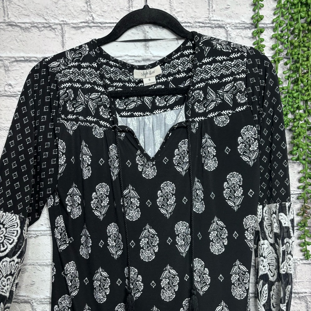 b🌼3/$30🌼Style & Co Black Printed Long Sleeve Blouse Size Small - Picture 7 of 16